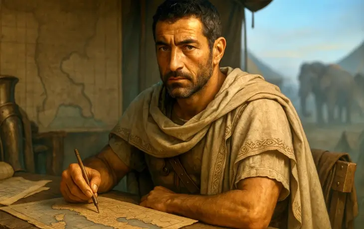 Hannibal’ın bir çadırda harita üzerinde strateji çalışırken görüldüğü, arka planda filler ve askerlerin belirdiği detaylı sahne.